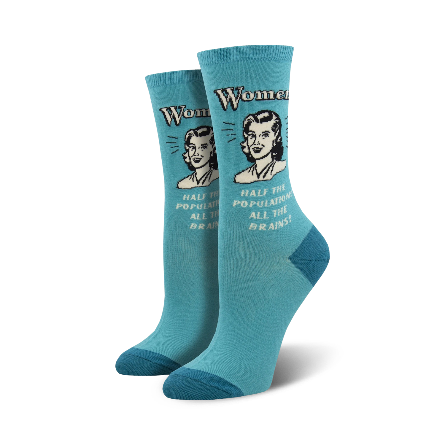 Pair of teal crew socks with a vintage-style illustration of a woman and the text 'Half the population, all the brains!'