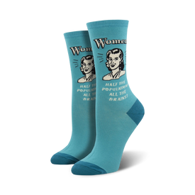 all the brains feminism themed womens blue novelty crew socks