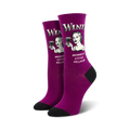 Pair of women's crew socks in purple. Features a retro design of a woman holding a wine glass and the text 'Wine Not' and 'Mommy's Little Helper'.