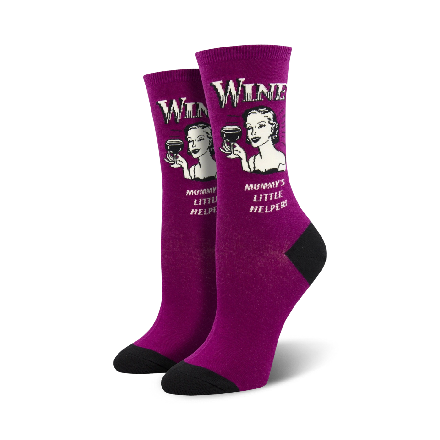 Pair of women's crew socks in purple. Features a retro design of a woman holding a wine glass and the text 'Wine Not' and 'Mommy's Little Helper'.