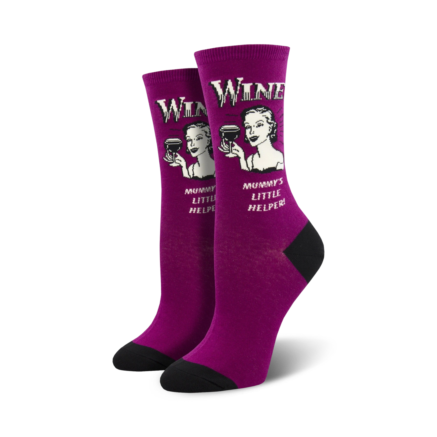 Pair of women's crew socks in purple. Features a retro design of a woman holding a wine glass and the text 'Wine Not' and 'Mommy's Little Helper'.