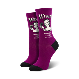 purple crew socks with black toes and heels for women. feature a woman holding a wine glass and text that reads "wine not" and "mommy's little helper."  