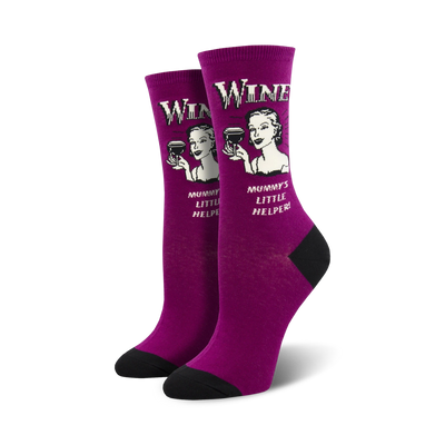 purple crew socks with black toes and heels for women. feature a woman holding a wine glass and text that reads "wine not" and "mommy's little helper."  