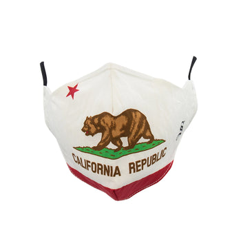 white socks with a pattern of the california state flag, featuring a brown bear, green field, red star, and "california republic" text.   