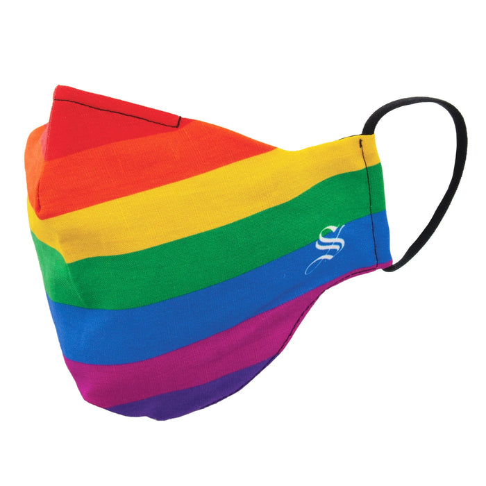 A rainbow pride flag face mask with black ear loops.
