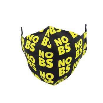 black socks with repeating pattern of text "no bs" in yellow letters. for men and women.   
