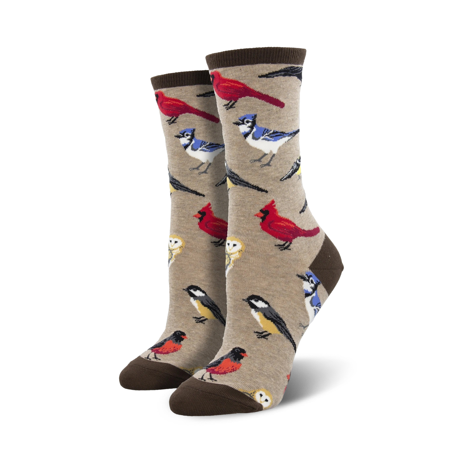Pair of crew socks featuring a beige background with various colorful birds.  Red cardinals, blue jays, and other songbirds are depicted.