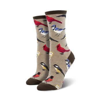 crew length, tan women's novelty socks featuring various bird species.  