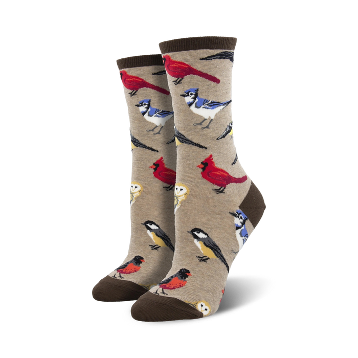 crew length, tan women's novelty socks featuring various bird species.  