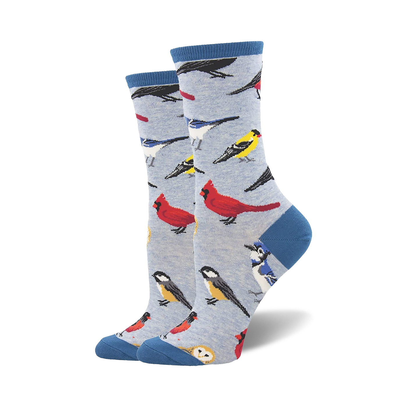 Lifestyle shot showing the socks on a person's feet, showcasing the light blue version of the bird socks.