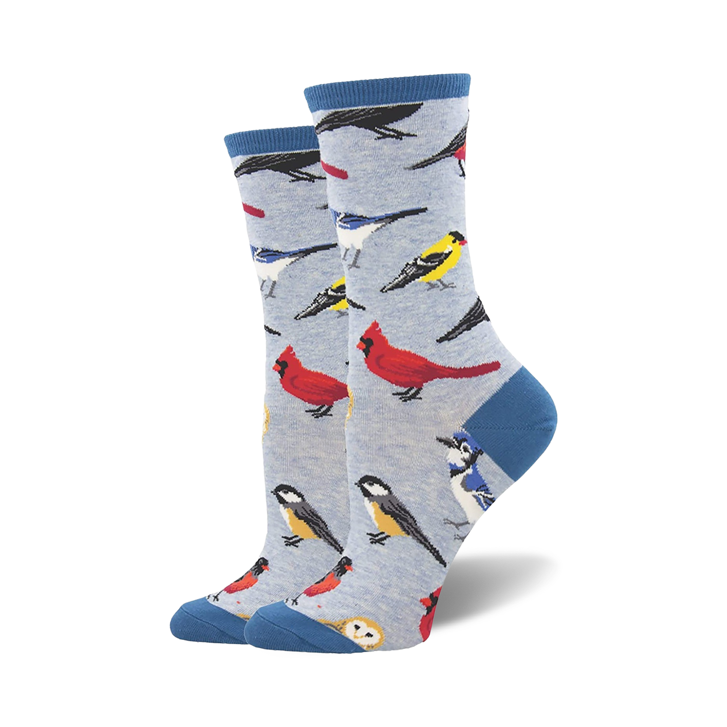 Lifestyle shot showing the socks on a person's feet, showcasing the light blue version of the bird socks.