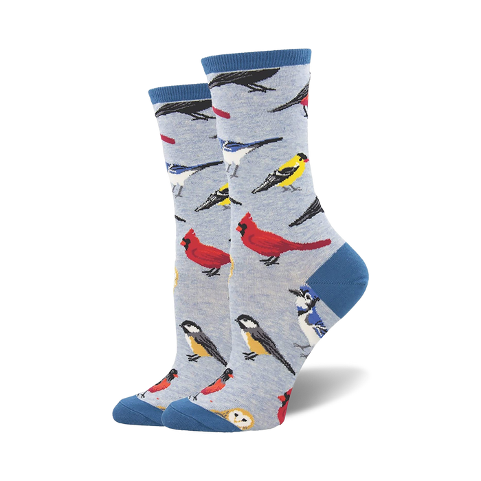 light blue crew socks with a cheerful pattern of various bird species; made for women.  