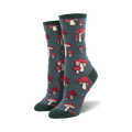 Pair of crew socks with a whimsical mushroom pattern. The socks are teal and feature red and white mushrooms.