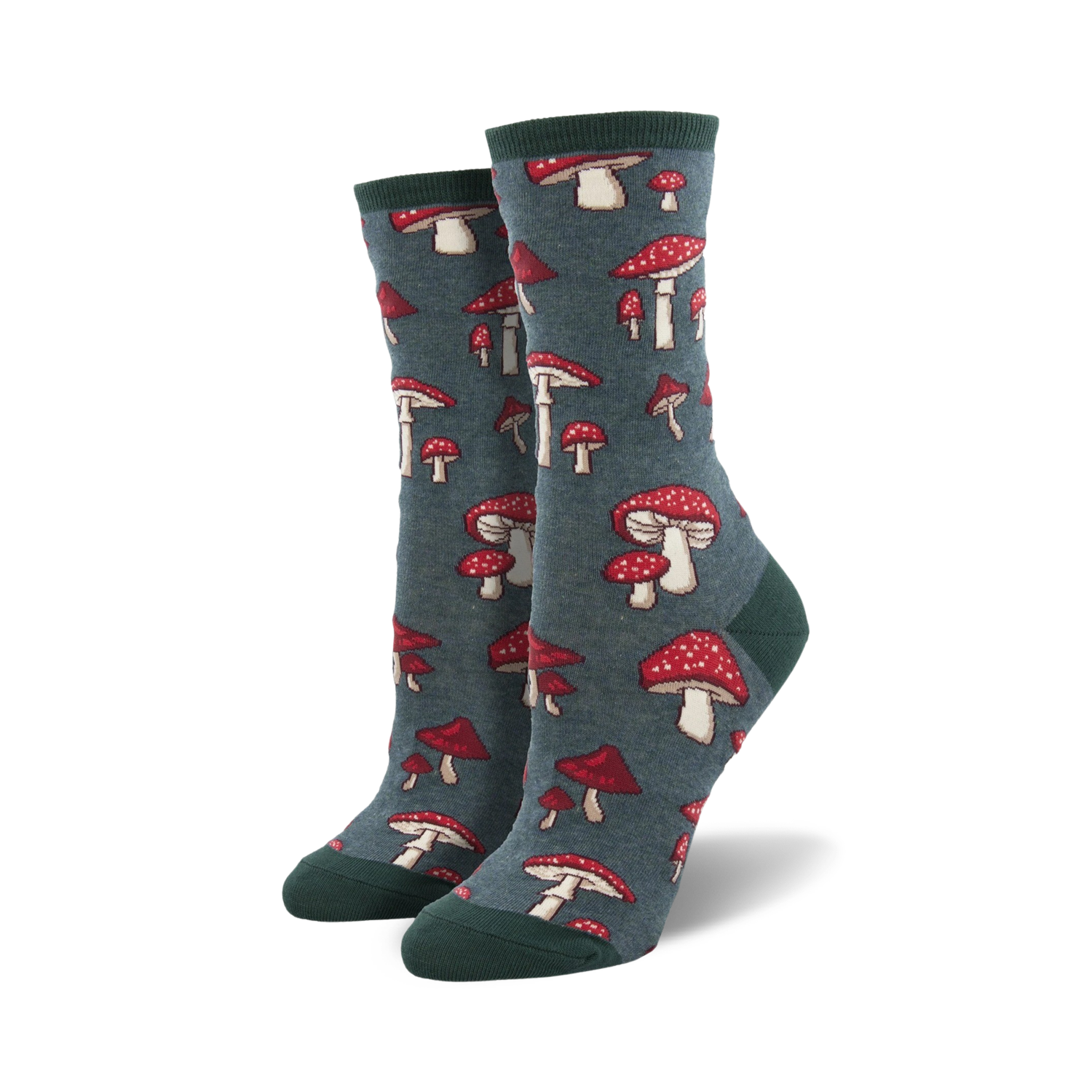 Pair of crew socks with a whimsical mushroom pattern. The socks are teal and feature red and white mushrooms.