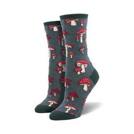 dark teal women's crew socks with red mushroom with white polka dot pattern.  