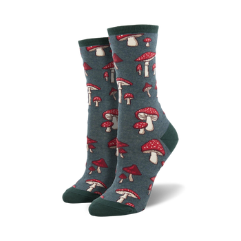 dark teal women's crew socks with red mushroom with white polka dot pattern.  