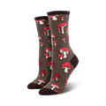 Close-up of a pair of brown crew socks with red and white mushroom print.  The socks are laid flat.