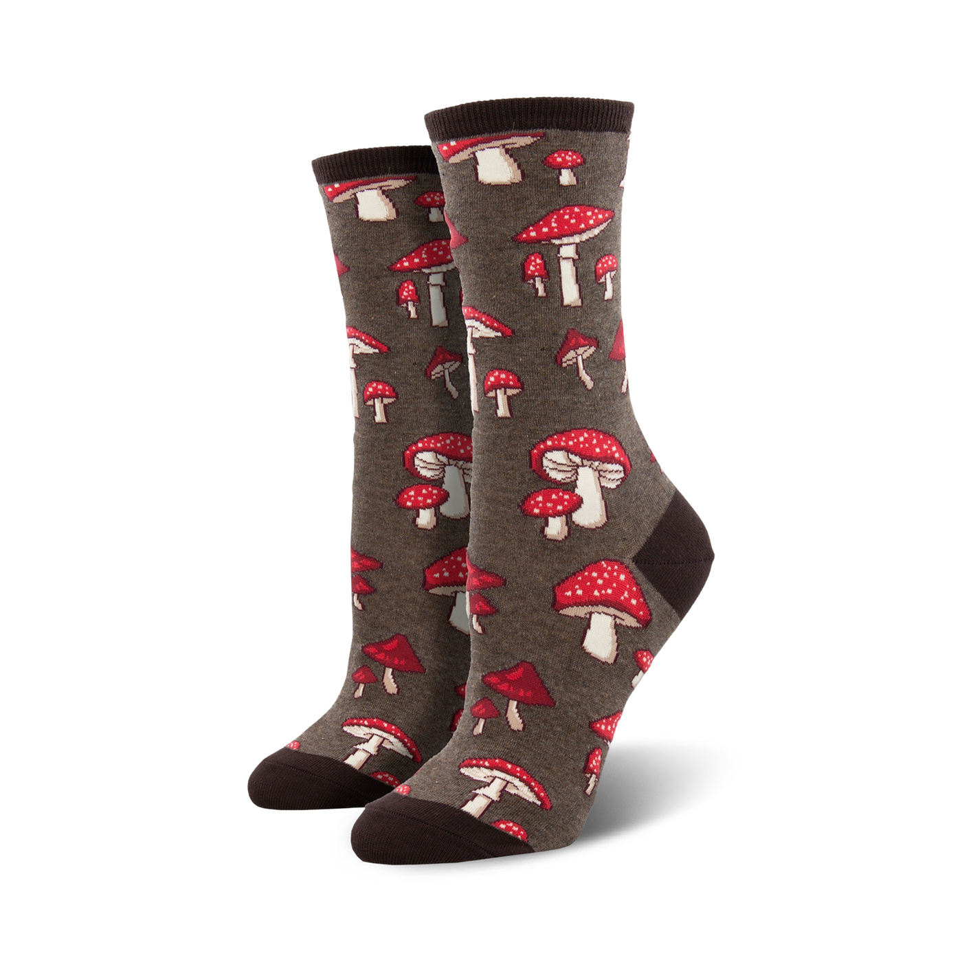 Close-up of a pair of brown crew socks with red and white mushroom print.  The socks are laid flat.