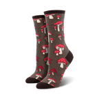 Close-up of a pair of brown crew socks with red and white mushroom print.  The socks are laid flat.