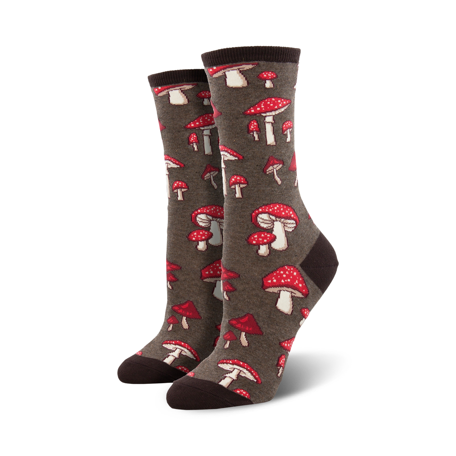 Close-up of a pair of brown crew socks with red and white mushroom print.  The socks are laid flat.