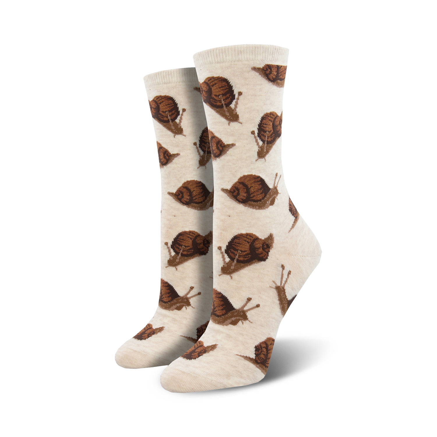 Pair of cream crew socks with repeating brown snail pattern.  Fun and quirky design.