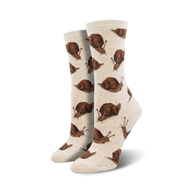 white crew socks for women with a brown snail pattern themed "snail's pace"   