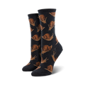 Close-up of dark grey crew socks with a repeating pattern of brown snails.