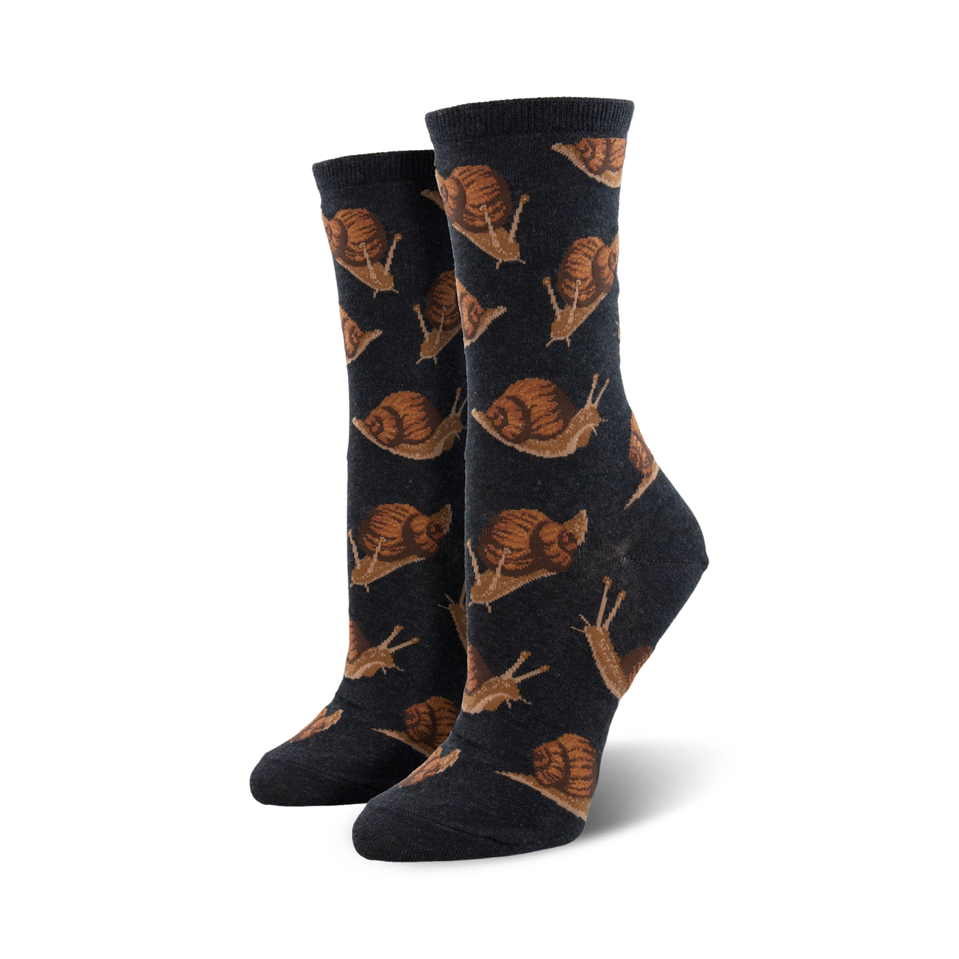 Close-up of dark grey crew socks with a repeating pattern of brown snails.