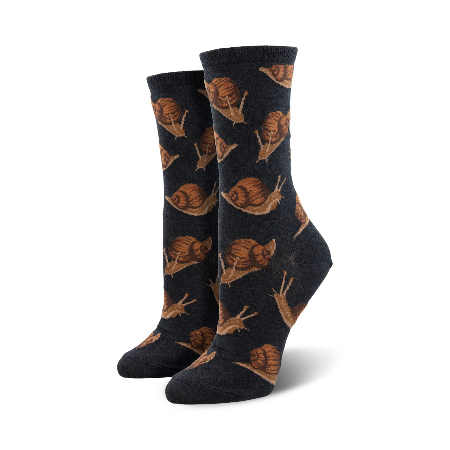 Close-up of dark grey crew socks with a repeating pattern of brown snails.