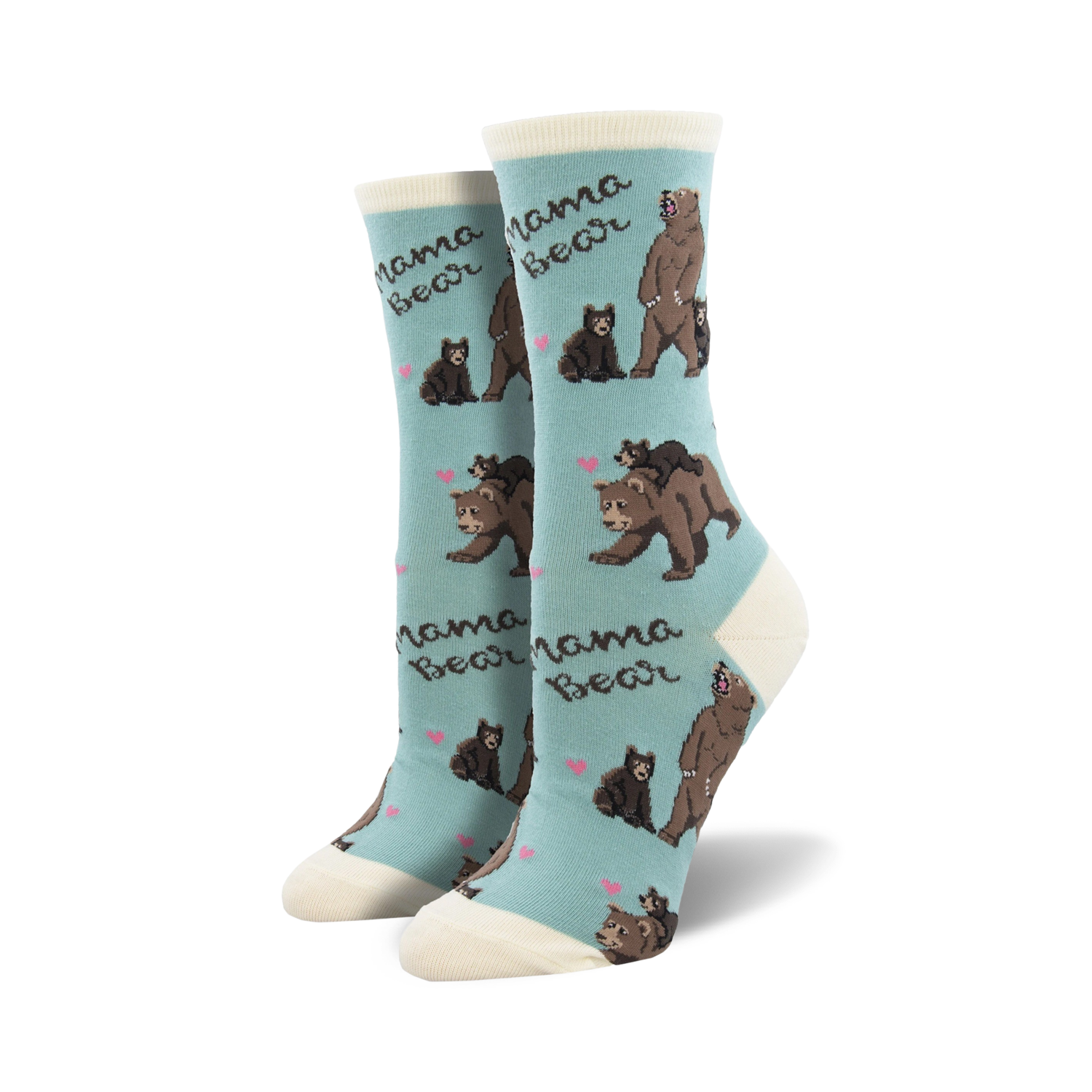 Pair of women's crew socks in teal and cream featuring a repeating pattern of mama bears and cubs. Pink hearts accent the design.