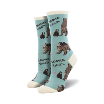 light blue crew socks with cartoon bear pattern in brown, black and pink. "mama bear" in black script on the cuff.  