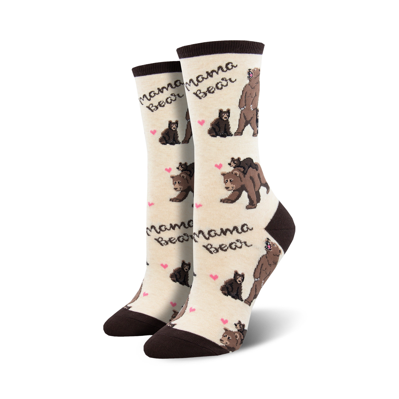 Lifestyle shot of a pair of Mama Bear socks on a person's feet.  Socks shown are in cream and brown.