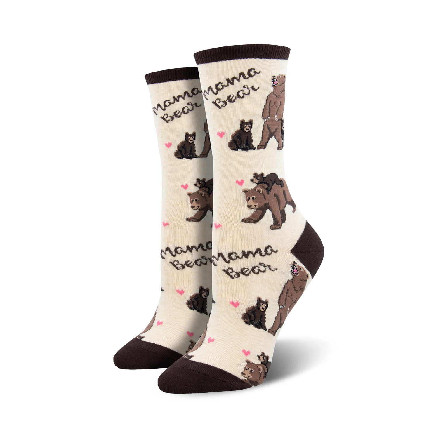Lifestyle shot of a pair of Mama Bear socks on a person's feet.  Socks shown are in cream and brown.