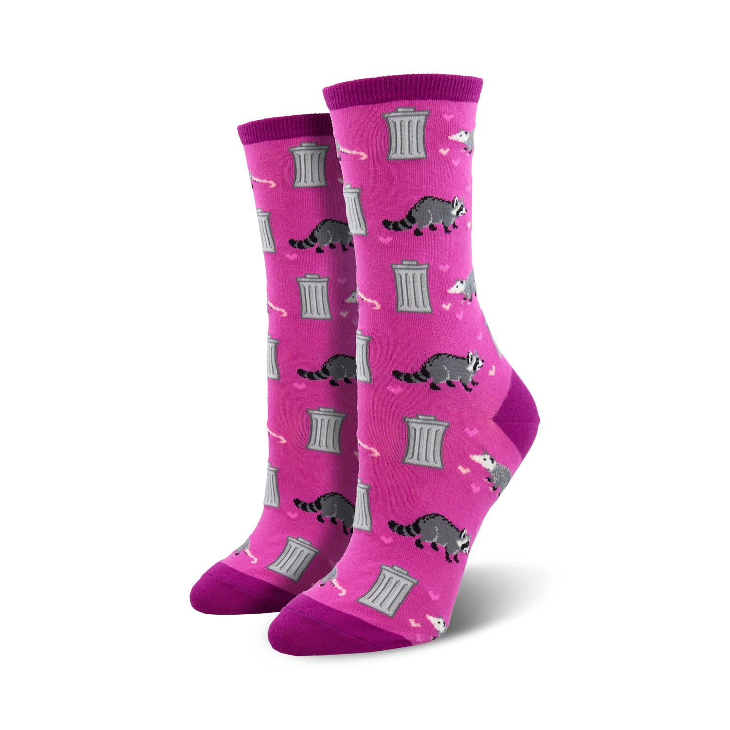 Pair of women's crew socks. Pink background with gray raccoons, hearts, and dumpsters. 