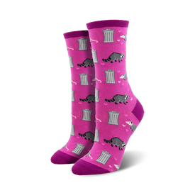 raccoon and trash can patterned pink crew socks for women.   