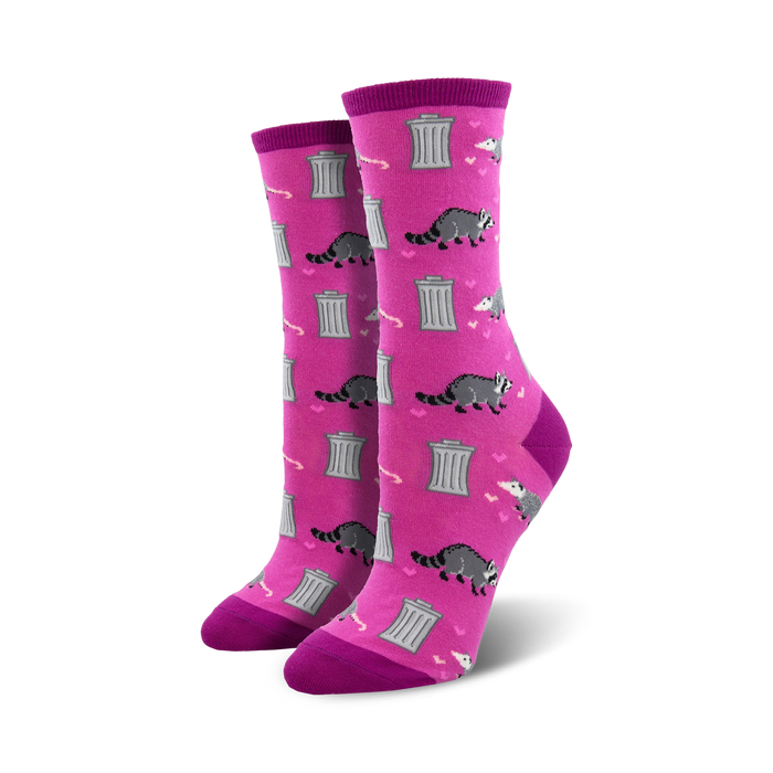 raccoon and trash can patterned pink crew socks for women.   