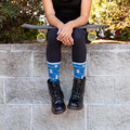 Flat lay product shot of the blue 'Trashy Love' socks. [lf]