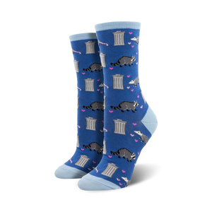 blue crew socks with raccoons, trash cans, and pink hearts.  