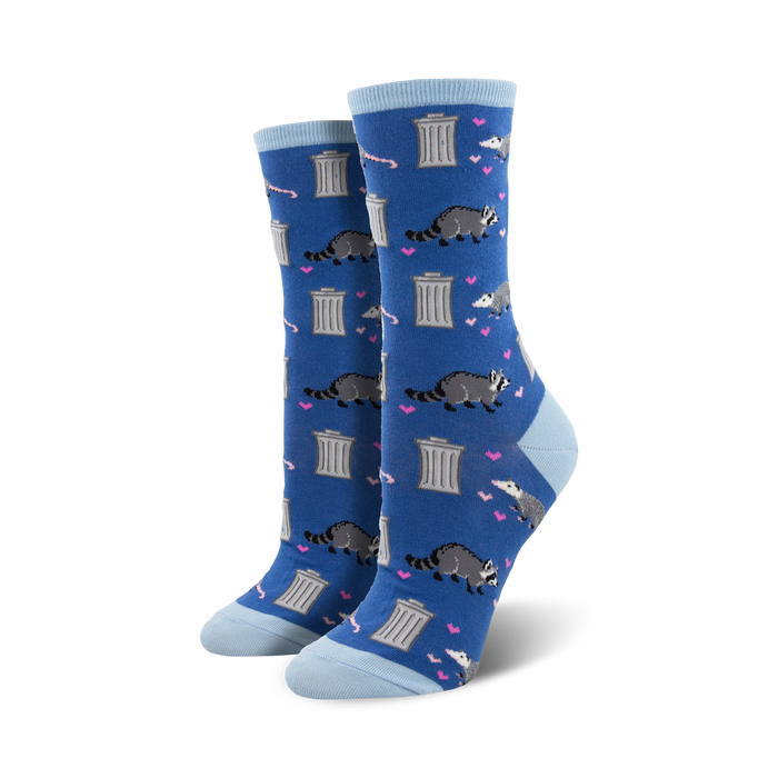 blue crew socks with raccoons, trash cans, and pink hearts.  
