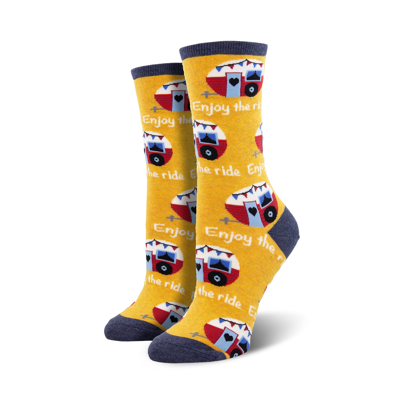 Pair of crew socks in yellow and navy blue featuring a repeating pattern of vintage camper vans and the phrase 'Enjoy the Ride'.