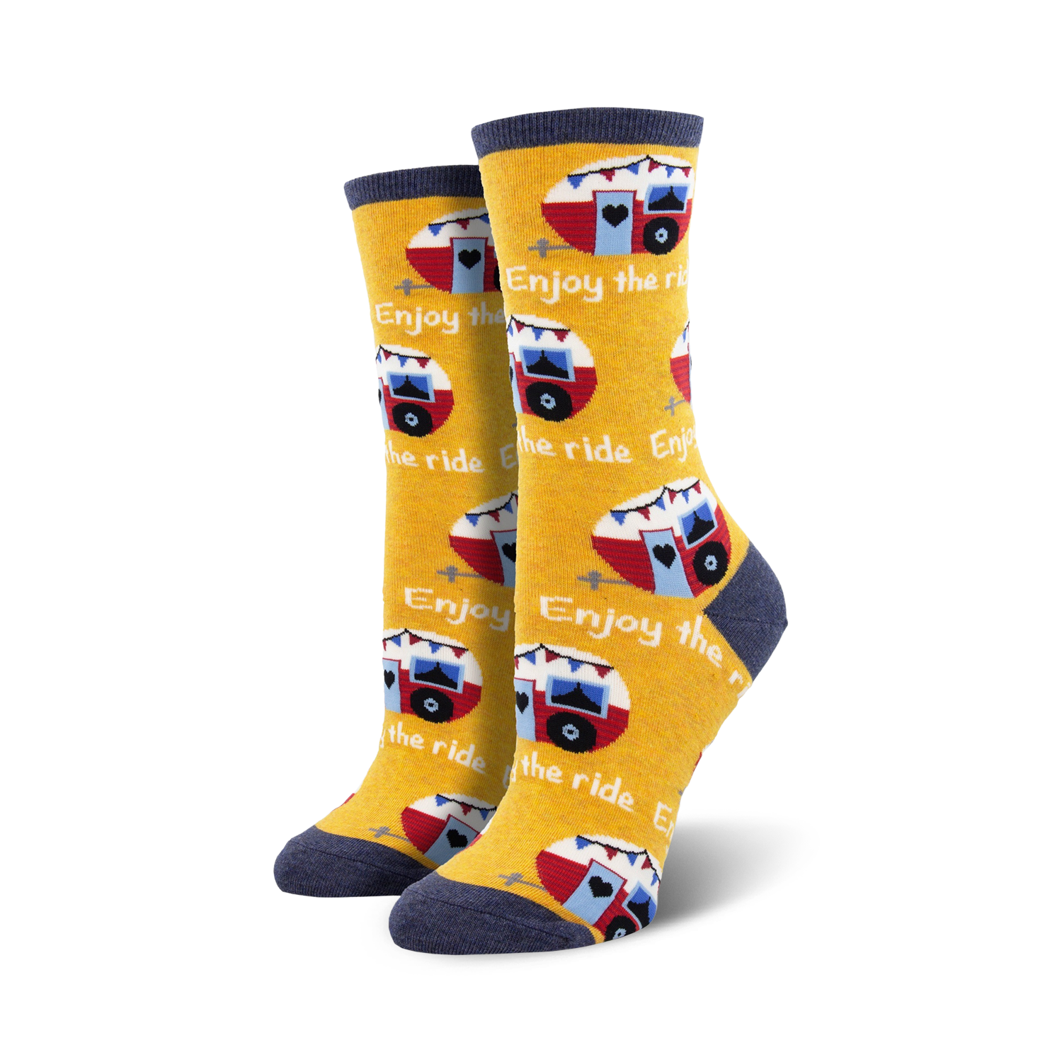 Pair of crew socks in yellow and navy blue featuring a repeating pattern of vintage camper vans and the phrase 'Enjoy the Ride'.