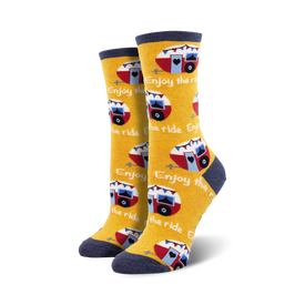 womens yellow crew socks with a pattern of red and white vintage campers with blue awnings. camper themed sock.  