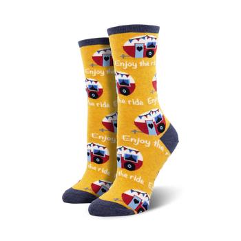 womens yellow crew socks with a pattern of red and white vintage campers with blue awnings. camper themed sock.  