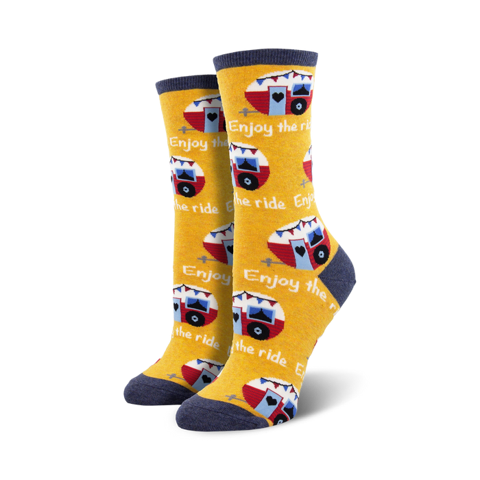 womens yellow crew socks with a pattern of red and white vintage campers with blue awnings. camper themed sock.  