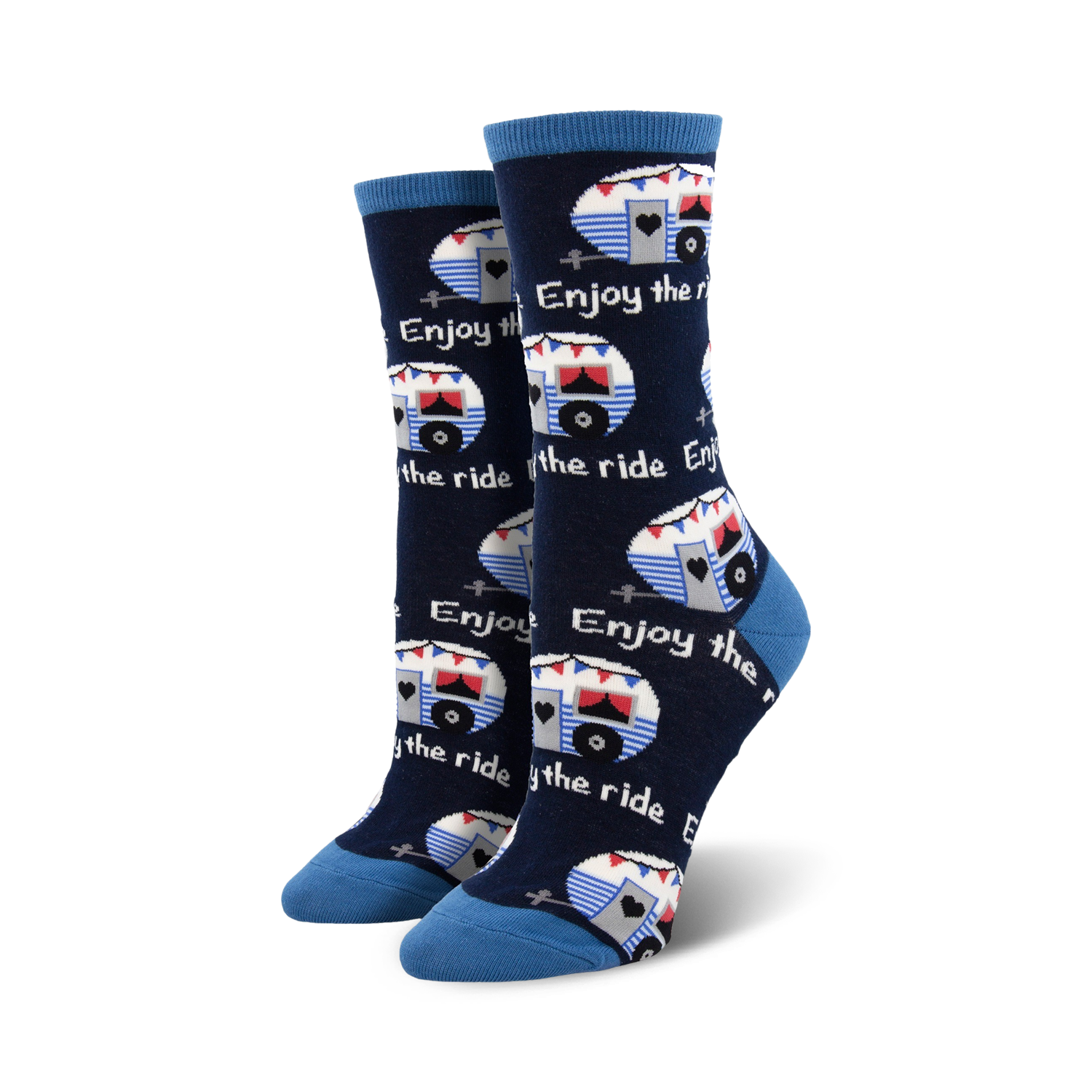Lifestyle product shot of 'Enjoy The Ride' socks on a model's feet. The socks are navy blue.