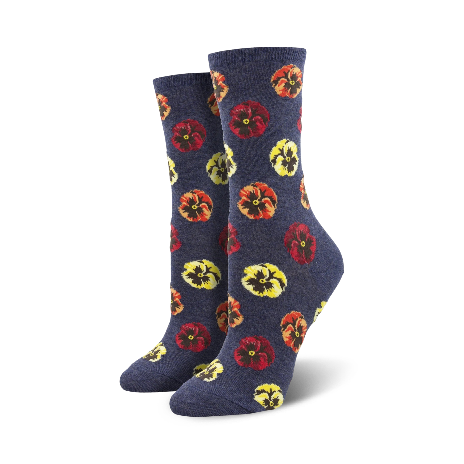 Pair of women's crew socks in navy blue with a pattern of colorful pansies.  Red, yellow, and orange flowers on a dark background.