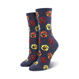 dark blue crew socks for women featuring a multi-colored pansy pattern   
