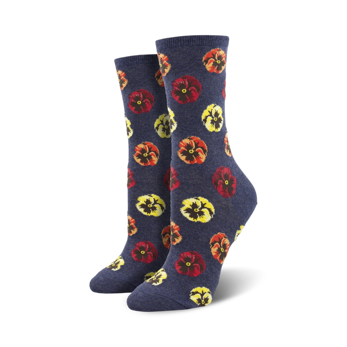 dark blue crew socks for women featuring a multi-colored pansy pattern   