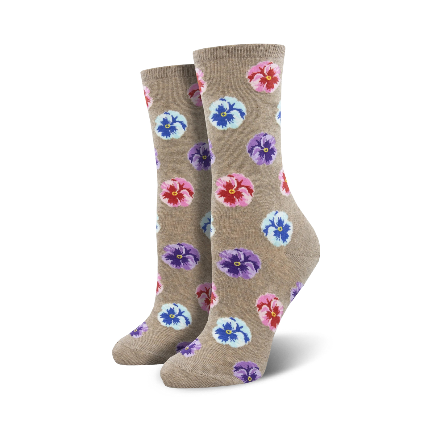 Lifestyle shot showing Blooming Pansy socks in taupe on a model's feet.  The socks have pink, purple, and light blue pansies.