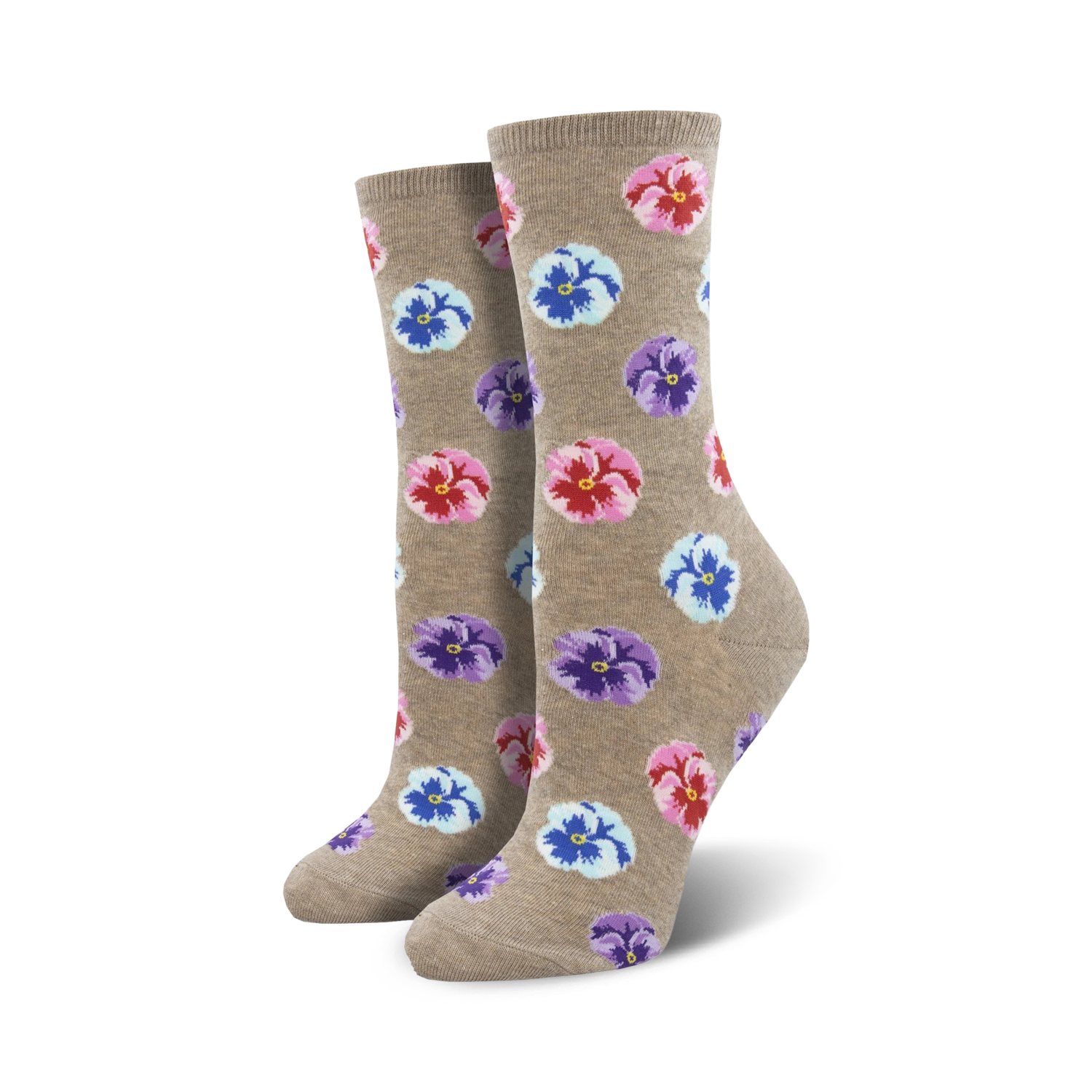 Lifestyle shot showing Blooming Pansy socks in taupe on a model's feet.  The socks have pink, purple, and light blue pansies.